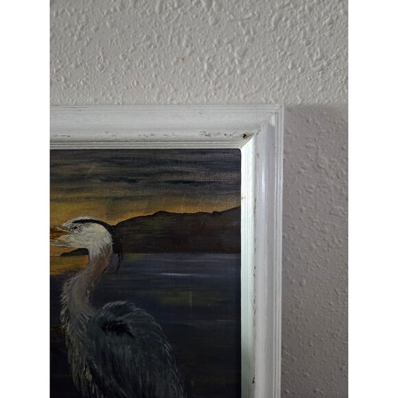 Vintage 1970s-90s Oil Painting Heron at Sunset 14x11" Framed Lake Scene Bird - Picture 5 of 9